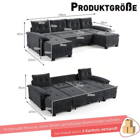 Canapé modulable en velours gris avec port USB, accoudoirs et couchage coulissant 278 x 127 x 87 cm HOMAIRE (1/5)