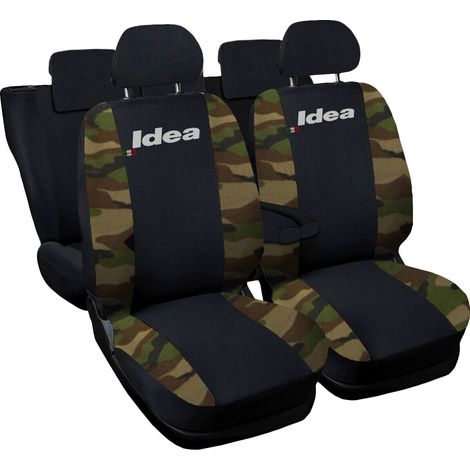Lupex shop - Coprisedili Auto Compatibili per Idea, Made In Italy, set di copri sedili anteriori e posteriori con copri poggiatesta incluso, tessuto poliestere, colore - Nero / Mimetico Classico (1/4)