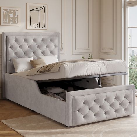 Lit coffre enfant capitonné 90x200 cm - Tête de lit capitonnée - Coffre de rangement - Velours - Beige (sans matelas) (1/5)