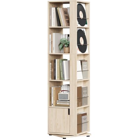 Bibliothèque Rotative 360° à 5 Niveaux, Étagère à Livres Toutnante de 169 cm H avec Rangement Fermé Meuble Gain de Place pour Salon Chambre et Bureau (Couleur Bois) (1/5)