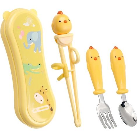 Ensemble de 4 baguettes pour enfants - Baguettes d'apprentissage - Ensemble de couverts en acier inoxydable - Baguettes antidérapantes - Comprend cuillères, fourchettes et baguettes - Sans BPA ni PVC (1/5)