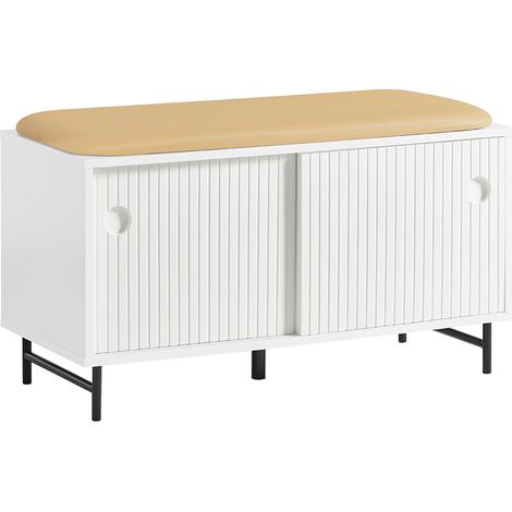 Sobuy – Banc d'entrée avec coussin rembourré – 2 portes coulissantes et 4 étagères – Dimensions 85 x 37 x 49 cm – FSR116W