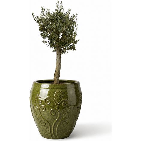 Lot olivier + pot grande taille GAIA 72x75cm vert tropical, fait main en terre cuite émaillée