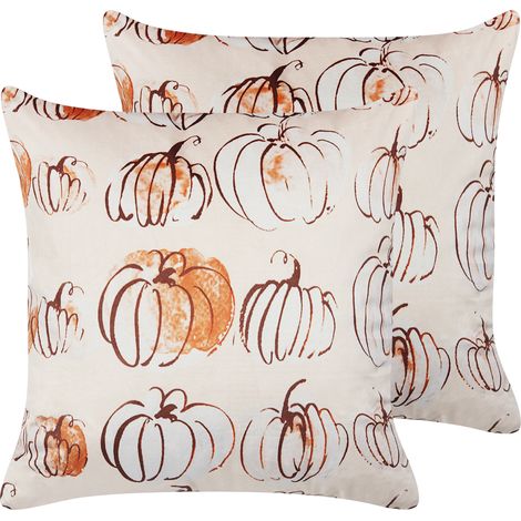 Conjunto de 2 cojines de terciopelo beige blanco naranja 45 x 45 cm Cucurbita