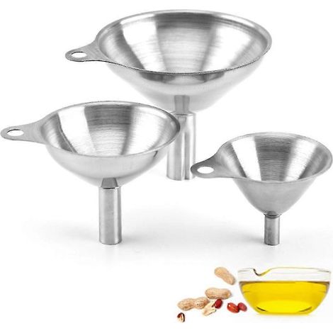 Edelstahltrichter, 3-teiliges Edelstahltrichter-Siebfilter-Set mit Griff zum Umfüllen von flüssigen und trockenen Zutaten sowie Pulver. (1/5)