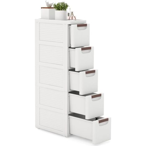 GOPLUS Armoire de Rangement à Roulettes Etroite, Chariot en Plastique Mince à 3/4/5/6 Tiroirs, Roues Intégrées, Organisateur de Rangement Mobile pour Cuisine, Salle de Bain, Bureau (5 Tiroirs,Blanc) (1/5)