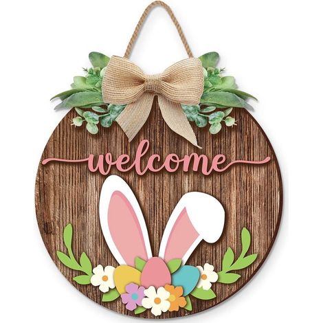 2 colgadores de Pascua – Conejito de bienvenida, letrero rústico de madera para Pascua (3030cm) (1/5)