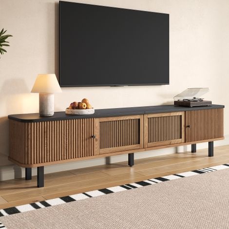 Modernluxe - Meuble TV moderne 190x35x45 cm - 2 portes coulissantes et 2 portes grillagées - Design rond - Naturel (1/5)