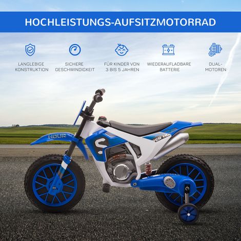 Moto électrique enfant 45 min autonomie, stabilisateurs inclus, dès 3 ans, bleu/blanc, dimensions 106,5x51,5x68 cm (1/5)
