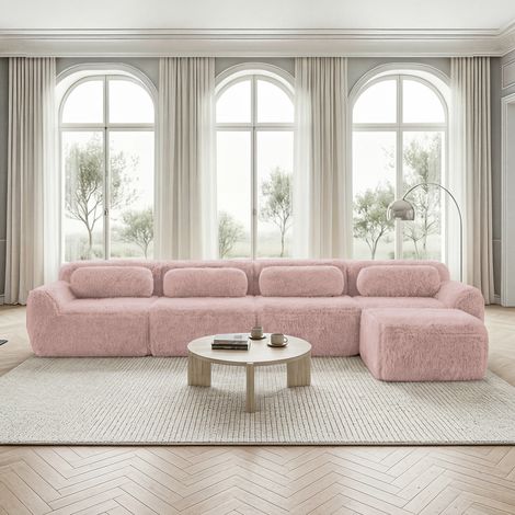 Canapé de ángulo modular 4 plazas en tejido de felpa rosa, con chaise longue, sin montaje
