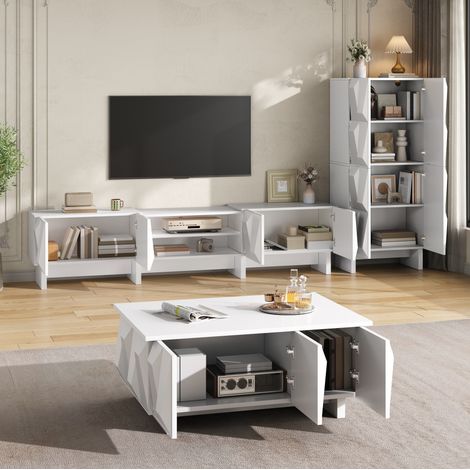 3-teiliges Wohnzimmer-Set 180×34×44,5 cm aus weißer Spanplatte – MEUBLIV (1/5)