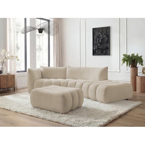 BOBOCHIC - Canapé incurvé fixe 4 places AZRA tissu bouclette avec pouf Angle gauche  Beige (1/5)