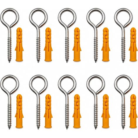 10 Pièces Piton à Visser M6 x 80 mm, Vis à Œillet Inox 304 avec Chevilles (1/5)