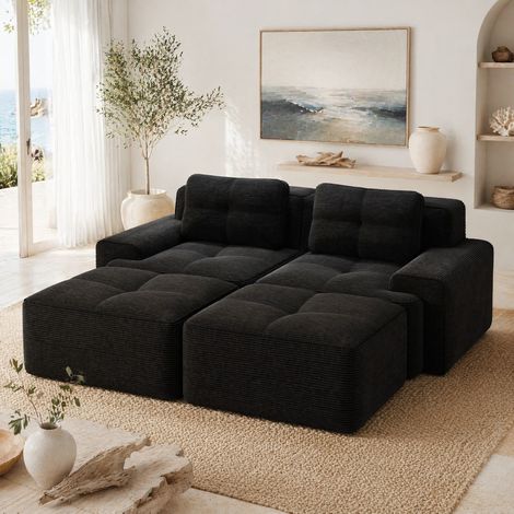 Modulares Sofa aus Cord Schwarz, boneless Design mit 74 cm Tiefsitz, montagefrei (1/5)