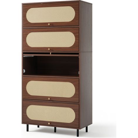 Buffet noyer avec rotin 80x40x163 cm, armoire haute à 5 abattants, commode en bois sur pieds métalliques, grand espace de rangement, meuble pour salon, couloir et cuisine (1/5)