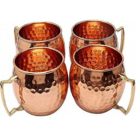Ensemble de 4 tasses en cuivre de 473 ml (16 oz) fabriquées à la main, design martelé avec accents en laiton, pour cocktails - Conservation supérieure de la température et rehaussement des saveurs (1/5)