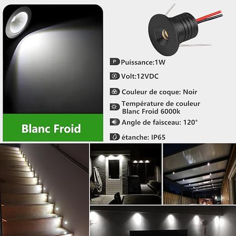 Recessed LED Spotlight 12 V 1 W, Mini LED IP65 Cool White, Bathroom Spotlight Hole Φ15-18 mm, Ceiling Spotlights for Kitchen, Living Room, Carport, Stairs, Corridor, Pack of 15 (Black Cool White 6000K (1/4)