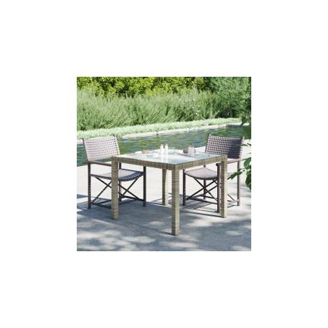 Table de jardin 90x90x75 Verre trempé et résine tressée Gris (1/5)