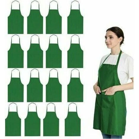 Tablier - 16 Pièces - Vert - 2 Poches - Polyester Mélangé Coton - Pour Cuisine, Peinture, Bricolage, Restaurant - Adulte Unisexe