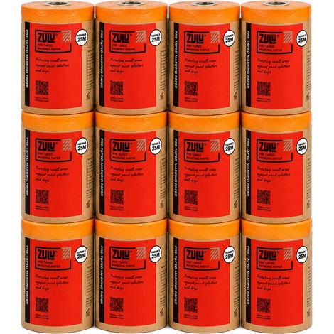 Zulu Pre-Taped Masking Paper 180mm x 25m - Heavy Duty with Adhesive Tape Paint Protection for Decorating Painting DIY, 12 Pack