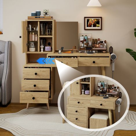 Ensemble coiffeuse avec miroir extensible et espace de rangement  comprend cinq tiroirs, un caisson latéral et un tabouret rembourré beige, le tout rehaussé d'une finition en bois naturel. (1/5)