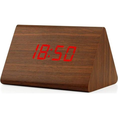 Réveil numérique, réveil en bois, horloge de bureau numérique triangulaire moderne en bois, affiche l'heure, la date, la température et le calendrier.