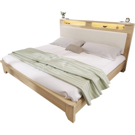 Lit Double avec Rangement et LED 180 x 200 cm en Bois et Velours Côtelé, sans Matelas, Beige (1/5)