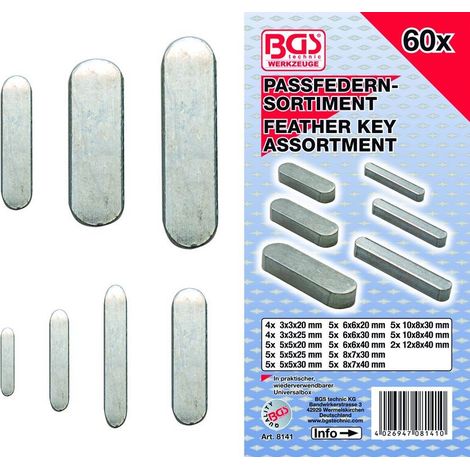 Bgs Technic – Assortiment de 60 clavettes parallèles – 3x3mm, 5x5mm, 6x6mm, 8x7mm, 10x8mm – Pour assemblage précis – BGS 8141 (1/2)