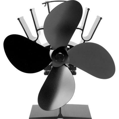Ventilateur de poêle à 4 pales alimenté par la chaleur, avec thermomètre et écran thermique, en alliage d'aluminium, silencieux, pour poêle à bois, noir. (1/5)