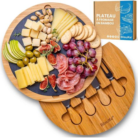1 Plateau à Fromage, Bambou Rotatif, 4 Couteaux, Ardoise Amovible, Apéritif 2-3 Personnes (1/5)