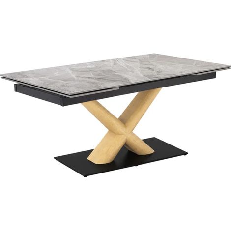 Table extensible 160 à 240 cm céramique gris laqué pied central X plaqué bois clair - DAKOTA 13 (1/5)