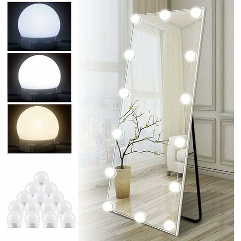 Kit d'éclairage miroir 14 ampoules pour coiffeuse Hollywood LED Dimmable Miroir USB Lampe de maquillage avec interrupteur et câble 3 couleurs et 10 luminosité Adhésif de maquillage (1/4)