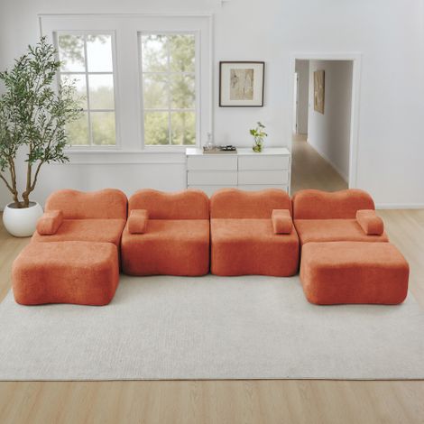 Canapé modulable en U 4 places sans armature orange, 2 poufs inclus, forme ondulée, mousse haute densité 32D, tissu doux, coussins d'accoudoirs mobiles, pour salon (1/5)