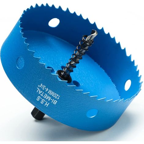 Scie Cloche Bi-métal 120 mm, M42 HSS Bimétallique Scie Trèpan avec Foret de Centrage pour Robuste Perceuse à Percer pour Fer, Aluminium, Bois, Cloison Sèche, Tuyau, Panneau de Fibres de Bois/Bleu (1/5)