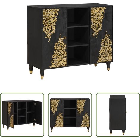 vidaXL Meuble de salon -  Buffet avec étagère Noir 90 x 33 x 75 cm Bois de mangue massif (1/5)