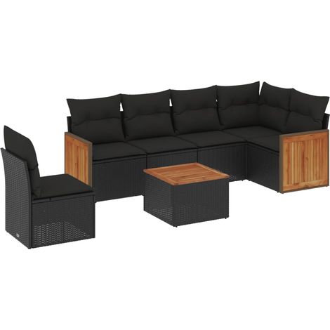 Salon de jardin 7 pcs avec coussins noir résine tressée (1/5)