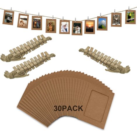 Lot de 30 cadres photo en papier brun clair, 10,2 x 15,2 cm, avec ficelle et pinces pour bannière et décoration. (1/4)