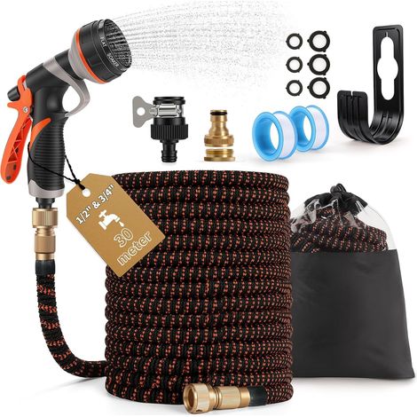 Manguera de jardín extensible de 30 m con rebobinado automático, 8 modos de pulverización, manguera de jardín flexible retráctil, conector metálico a prueba de fugas, para jardines medianos, patios y  (1/5)