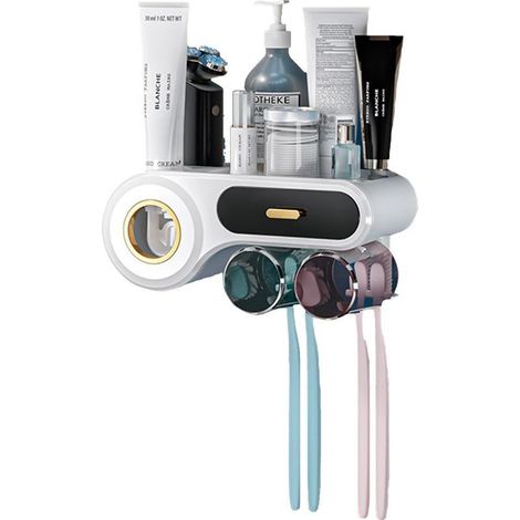 Porte-brosse à dents, porte-gobelet sans perçage, support mural pour brosse à dents, avec distributeur automatique de dentifrice, gobelet, fentes pour brosse à dents et tiroir cosmétique (2 tasses) (1/5)