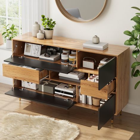 Buffet en bois et noir, meuble de rangement polyvalent pour salon, salle à manger ou entrée, 2 tiroirs, compartiment central ouvert, portes battantes et latérales, armoire de service moderne (1/5)