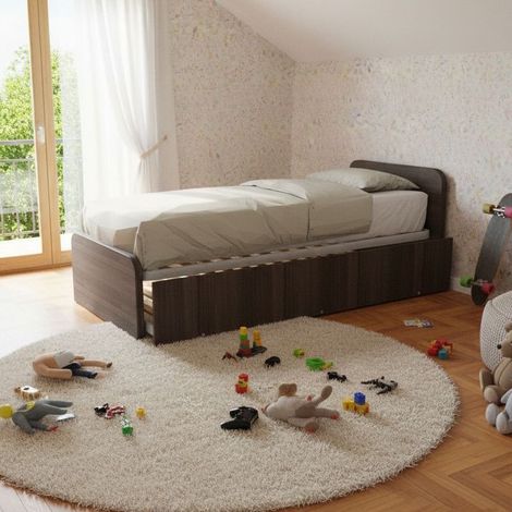 Letto singolo con letto estraibile, trasformabile in matrimoniale. Testate personalizzabili, reti in acciaio e doghe in faggio - Olmo jerez scuro