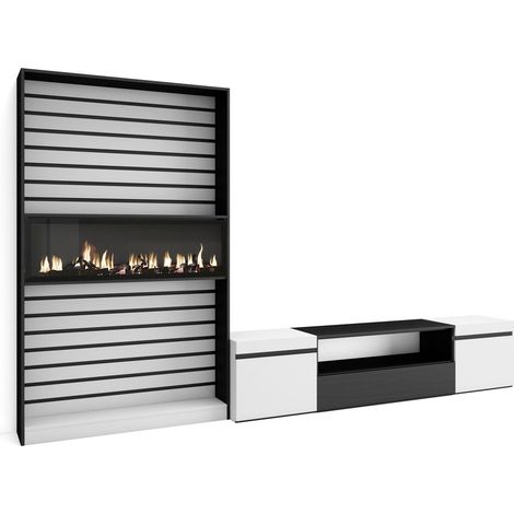 Skraut Home - Ensemble Meuble TV, Meuble Salon Complet, 310x186x35cm, Pour les TV jusqu'à 80", Cheminée électrique, Style moderne, Blanc et noir (1/5)