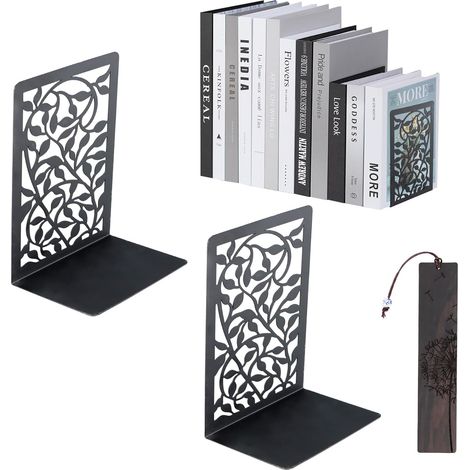 1 Paire Serre-Livres Métal Antidérapant avec Signets, Organisateur Livres pour Étagères, Presse-Livres Robuste pour Bureau, Maison, École, Bibliothèque, Noir (1/5)