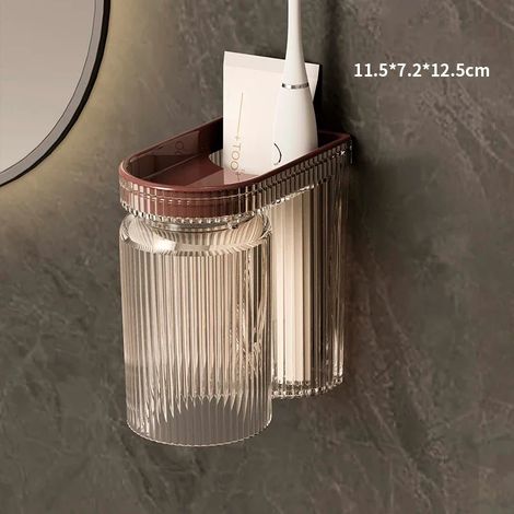 (Marron A0036C) Porte-brosse à dents mural avec gobelet de brossage et gobelet de rinçage, support mural pour salle de bain (1/5)
