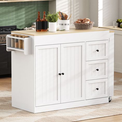 Isla de cocina 112-186.8x45x93 cm blanca en MDF con encimera extensible, 3 cajones y especiero (1/5)