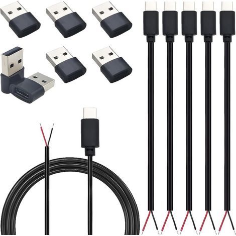 Câble USB C Pigtail 2conducteurs, câble mâle nu de type C 22AWG et adaptateurs 5kit, câble d'alimentation à extrémité ouverte Pigtail DIY 1M/3Ft (pour le chargement de l'appareil uniquement) (1/5)