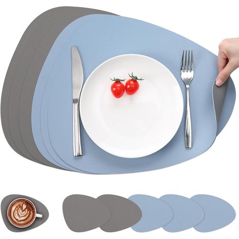 Set de table double face antidérapant, lavable et imperméable, gris azuré, lot de 6. (1/5)