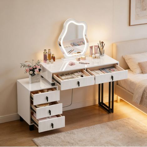 Toeletta in MDF bianco con specchio LED, 5 cassetti e vano laterale (1/4)