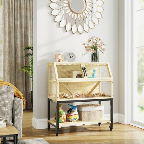 Gabbia per piccoli roditori 87x43x101 cm in legno naturale con ruote salvaspazio – MEUBLIV (1/5)