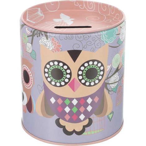 Tirelire en forme de cochon avec motif hibou, boîte à pièces pour enfants, en fer-blanc.-9.9x8.6cm-Purple (1/3)